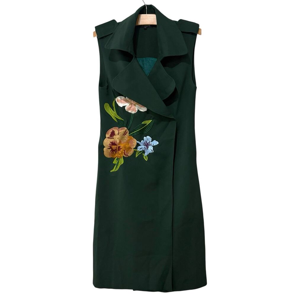 Beulah | Vest Duster Sleeveless Green Floral Embroidered MISSING BELT- Small